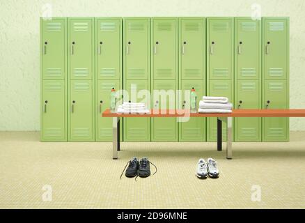 3D-Rendering eines männlichen und weiblichen Schuhs in der Umkleidekabine eines Fitnessstudios. Stockfoto