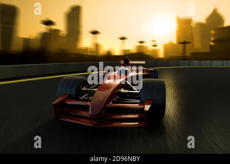 3D-Rendering eines Rennfahrers, der in einem Track mit Stadthintergrund rast. Selbstkonstruiertes Auto. Stockfoto