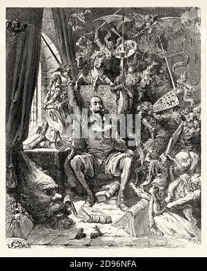 Don Quixote unter seinen Büchern in seiner Bibliothek. Don Quixote von Miguel de Cervantes Saavedra. Alte XIX Jahrhundert Gravur Illustration von Gustave Dore Stockfoto