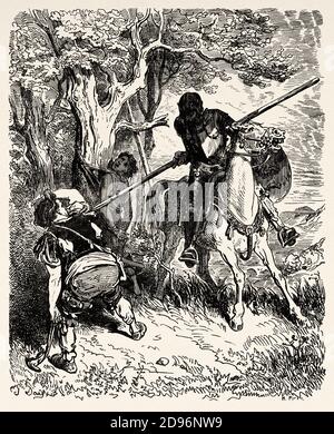 Don Quixote, was dem Ritter widerfuhr, nachdem er das Gasthaus verlassen hatte. Don Quixote von Miguel de Cervantes Saavedra. Alte XIX Jahrhundert Gravur Illustration von Gustave Dore Stockfoto