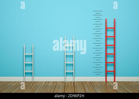 Drei Leitern messen zwischen roter Leiter das Wachstum auf dem Hintergrund der Wand. Heben Sie sich von der Masse ab oder gehen Sie Ihren eigenen Weg. 3d-Illustration Stockfoto