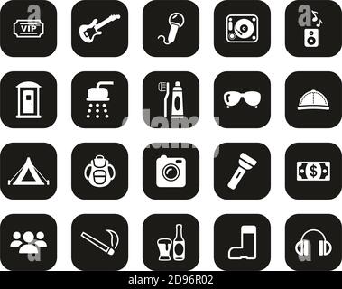 Music Festival Icons Weiß Auf Schwarz Flat Design Set Groß Stock Vektor