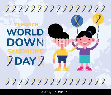 World Down Sindrome Day Kampagnenposter mit Kindern und Luftballons Helium Vektor Illustration Design Stock Vektor