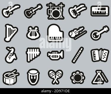 Musikinstrumente Icons Weiß Auf Schwarz Sticker Set Groß Stock Vektor