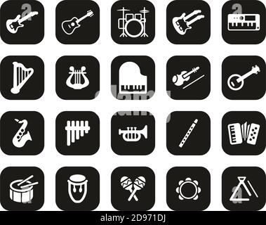 Musikinstrumente Icons Weiß Auf Schwarz Flat Design Set Groß Stock Vektor