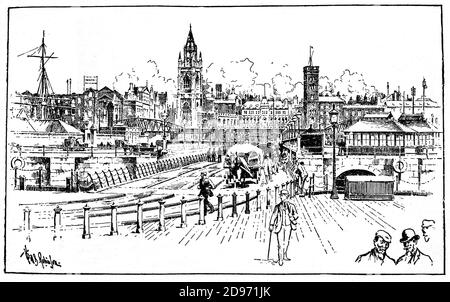 Ein Blick aus dem späten 19. Jahrhundert auf die St. Nicholas Church, die schwimmende Brücke und die Landebahn in Liverpool, Merseyside, England. Ursprünglich befand sich die Landing Stage am Pier Head, um den transatlantischen Liniendienst zu bedienen. Stockfoto