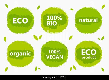 Ökologische grüne Embleme, flache Designelemente: Natürlich, ökologisch, vegan und organisch. Vektorgrafik. Stock Vektor