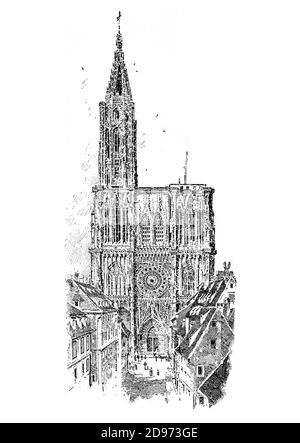 Eine Ansicht des Straßburger Doms aus dem späten 19. Jahrhundert oder der Kathedrale unserer Lieben Frau von Straßburg, einer katholischen Kathedrale in Straßburg, Elsass, Frankreich. Obwohl beträchtliche Teile davon noch in romanischer Architektur sind, wird es weithin als eines der schönsten Beispiele der Rayonnant-Gotik betrachtet. Erwin von Steinbach wird für wichtige Beiträge von 1277 bis zu seinem Tod im Jahr 1318 gutgeschrieben. Stockfoto