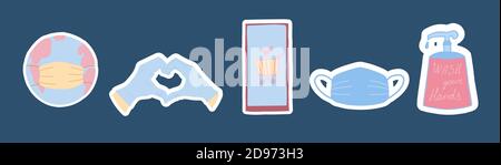 Einfache Symbole des Coronavirus. Covid Sticker in Pastellfarben. Elemente für das Internet und Canva. Stock Vektor
