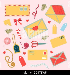 Eine Reihe von Aufklebern zum Thema Postkarten und Umschläge. Isolierte handgezeichnete Postkarten und Briefumschläge mit Briefmarken. Moderne Kollektion von Stock Vektor