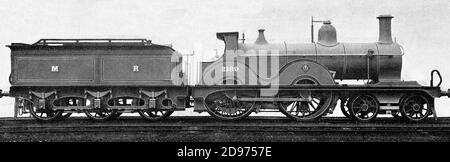 Eine Ansicht des späten 19. Jahrhunderts von Midland Express Locomotive Nr. 2798, England. Wahrscheinlich eine Lokomotiven der Baureihe 1070, die unter Johnson zwischen 1874 und 1876 gebaut wurden. Diese wurde aus Kirtleys 890-Klasse entwickelt und hatte Innenrahmen, Antriebsräder mit einem Durchmesser von 6 Fuß 2 Zoll und Zylinder mit einer Größe von 17 Zoll x 24 Zoll Stockfoto