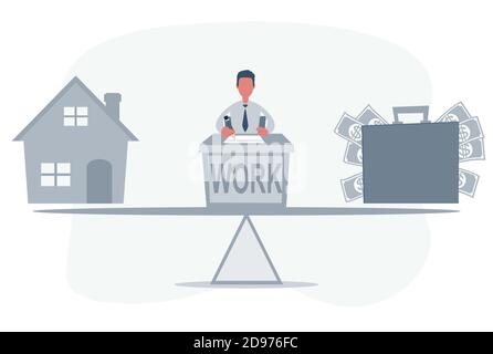 Einfache Karikatur eines Mannes auf einer Skala betweens Geld und seine Familie, Balance zwischen Karriere und Familienkonzept Stock Vektor