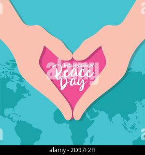 International Day of Peace Schriftzug im Herzen mit Händen und Earth Planet Vektor Illustration Design Stock Vektor
