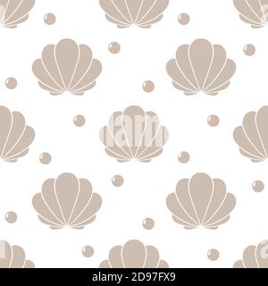 Seemuscheln und Perlen nahtloses Muster. Vektorgrafik. Stock Vektor