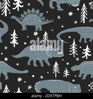 Winter nahtlose Vektor-Muster mit niedlichen jungen Dinosaurier und handgezeichneten Doodle Bäume und Schneeflocken. Weihnachten Kinder Hintergrund Stock Vektor