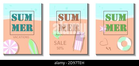 Flache Vektordarstellung eines Sommerverkaufs von Waren. Werbung auf einem Banner, einer Website oder einem Flyer über 50 Prozent Rabatte auf Waren, Produkte und Kleidung während der Sommerverkaufsperiode. Schmelzende Preise von der Sommerhitze. Helle Broschüren mit einem Werbeangebot Stock Vektor