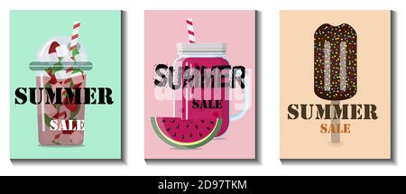Flache Vektordarstellung eines Sommerverkaufs von Waren. Werbung mit Eis, Smothie, Limonade auf einem Banner, Website oder Flyer über 50 Prozent Rabatte auf Waren, Produkte und Kleidung während der Sommerverkaufsperiode. Schmelzende Preise von der Sommerhitze. Helle Broschüren mit einem Werbeangebot Stock Vektor