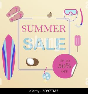 Flache Vektordarstellung eines Sommerverkaufs von Waren. Werbung auf einem Banner, einer Website oder einem Flyer über 50 Prozent Rabatte auf Waren, Produkte und Kleidung während der Sommerverkaufsperiode. Schmelzende Preise von der Sommerhitze. Helle Broschüren mit einem Werbeangebot Stock Vektor