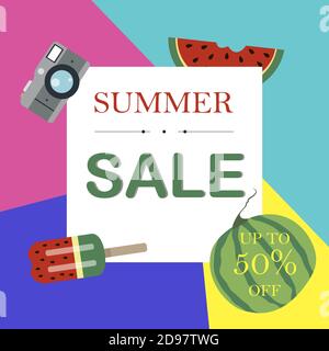 Flache Vektordarstellung eines Sommerverkaufs von Waren. Werbung auf einem Banner, einer Website oder einem Flyer über 50 Prozent Rabatte auf Waren, Produkte und Kleidung während der Sommerverkaufsperiode. Schmelzende Preise von der Sommerhitze. Helle Broschüren mit einem Werbeangebot Stock Vektor