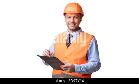 Professional Builder Worker Standing Holding Folder Auf White Studio Hintergrund Stockfoto