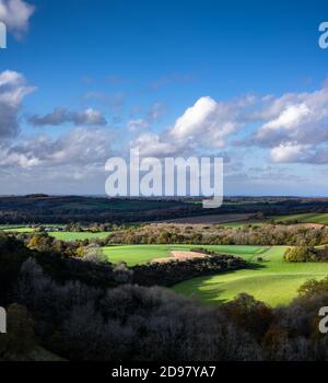 Dramatische Herbstsonnen fallen über die hügelige Landschaft von Hampshire, typisch für den South Downs Nationalpark in England. Hochauflösendes Bild st Stockfoto