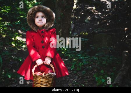 Rotkäppchen in einem dunklen Wald mit einem Traditioneller Picknickkorb mit Platz für Text Stockfoto