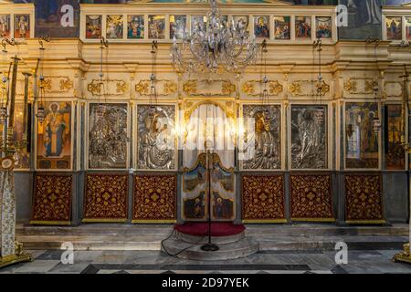 Ikonostase im Innenraum der Sankt-Nikolaus-Kirche oder Agios Nikolaos in Chania, Kreta, Griechenland, Europa Kirche Ikonostase, C Stockfoto