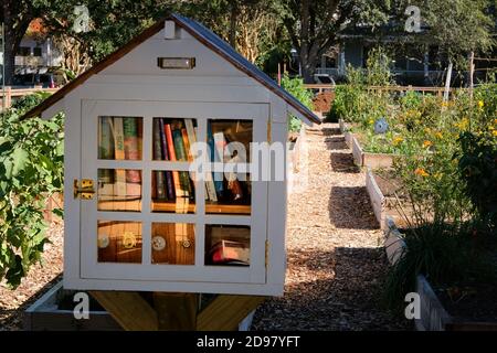 Stadtgärten mit Mini-Bibliothek, Spiralschlauch, Enten & Gänse, Gemüse, Blumen, Grünkohl, Sonnenblumen, Tomaten, Paprika und Kupferrohrleitungen für Wasser. Stockfoto