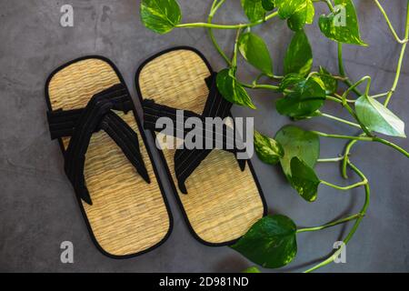 Paar traditionelle japanische Bambus Zori Schuhe. Draufsicht auf Sandalen mit dekorativem Grün. Stockfoto