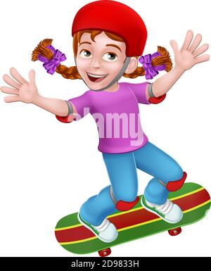 Mädchen Kind Auf Skateboard Skateboarding Cartoon Stock Vektor