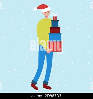 Lächelnder Mann im weihnachtsmütze, der große Stapel farbiger Geschenkschachteln trägt. Vorbereitung auf Weihnachten und Neujahr. Vektorgrafik im flachen Stil. Stock Vektor
