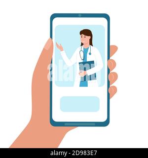 Hand halten Handy mit Online-Arzt Service. Der Therapeut gibt dem Patienten vom Smartphone-Bildschirm eine Beratung. Telemedizin, telemedizinisches Konzept. Vektorgrafik flach. Stock Vektor