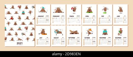 Kalender oder Planer A4-Format für 2021 mit einem niedlichen kawaii Stier isoliert auf weiß. Symbol des neuen Jahres. Einband und 12 Monatsseiten mit Abbildungen von Stock Vektor