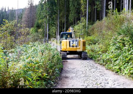 Tatra, Polen, 23/09/2020. Yellow Bagger fahren auf einem Bergpfad in Nadelwald in Tatra, Polen. Stockfoto