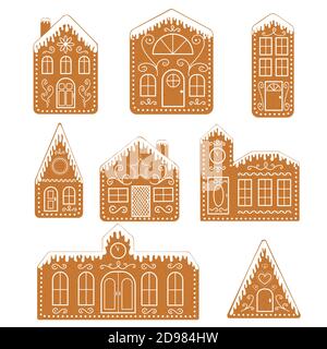 Set von isolierten Lebkuchenhäusern. Traditionelle Weihnachtskekse. Vektorgrafik flach. Stock Vektor