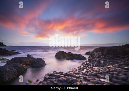Sonnenuntergang über Basalt Säulen Giant es Causeway, County Antrim, Nordirland Stockfoto