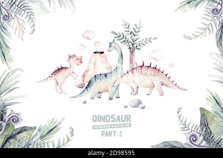 Cute Cartoon Baby Dinosaurier Kollektion Aquarell Illustration, Hand bemalt Dino isoliert auf einem weißen Hintergrund für Kindergarten Poster Dekoration. Rex Stockfoto