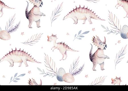 Cute Cartoon Baby Dinosaurier nahtlose Muster Aquarell Papier, Hand bemalt Dino Hintergrund Textur Jurassic Park . Rex Kinder lustige Kunst Stockfoto