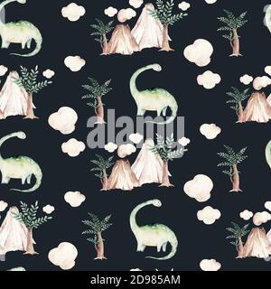 Cute Cartoon Baby Dinosaurier nahtlose Muster Aquarell Papier, Hand bemalt Dino Hintergrund Textur Jurassic Park . Rex Kinder lustige Kunst Stockfoto
