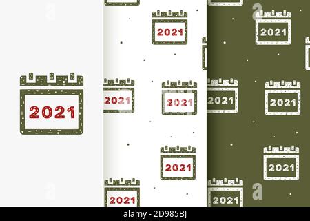 Satz von nahtlosen Mustern Kalender 2021 in flacher Form. Sammlung von Karten mit traditionellen Weihnachtselementen. Stock Vektor