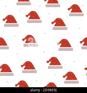 Nahtloses Muster von Weihnachtsmütze in flachem Stil auf weißem Hintergrund. Stock Vektor