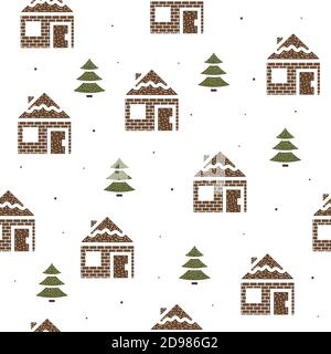 Nahtloses Muster von Häusern und Tannen in flachem Stil auf weißem Hintergrund. Stock Vektor