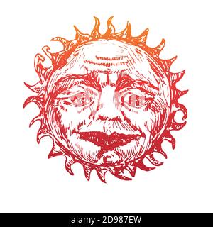 Die Sonne mit dem faltigen Gesicht eines weisen alten Mannes sieht mit Freundlichkeit in den Augen, altmodische Holzschnitt-Design, handgezeichnete Doodle, Skizze Stockfoto