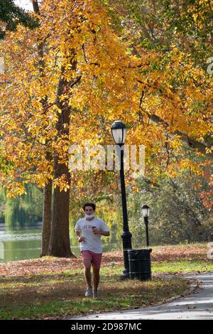 Ein Läufer joggt durch den Kissena Park inmitten der wunderschönen Herbstfarben. In Flushing, Queens, New York City. Stockfoto