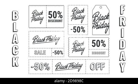 Black Friday Sale Coupons Set. Schwarzes Freitag-Design mit Schriftzug Stock Vektor