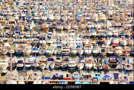 Zahlreiche Boote, die in Ponton eines Yachthafens festgemacht sind. Stockfoto