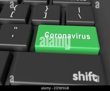 Pandemiekonzept. Wort Coronavirus auf Taste der Computertastatur. 3d-Rendering Stockfoto