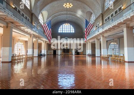 Ellis Island National Monument (USA National Park Service), dem Registry Room oder der Great Hall, NYC Stockfoto