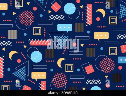 Vektordarstellung für geometrische Muster. Abstrakt Moderne kreative Geometrie-Design mit Elementen in verschiedenen Farben, geometrische trendige Formen und Linien, Kreise Dreiecke Quadrate Mond auf blauem Hintergrund Stock Vektor