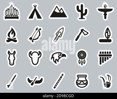 Native American Culture Icons Schwarz & Weiß Sticker Set Groß Stock Vektor